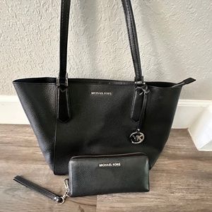 Michael Kors Black Pebble Leather Jet Set Tote and Wallet